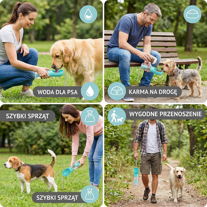 Butelka na wodę dla psa 3-w-1 – Butelka podróżna z pojemnikiem na jedzenie