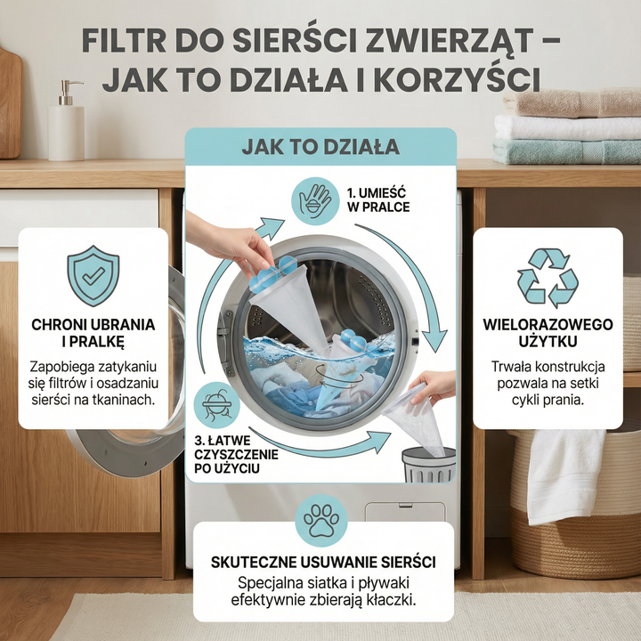 Filtr do sierści zwierząt do pralki – Wielorazowy worek wychwytujący