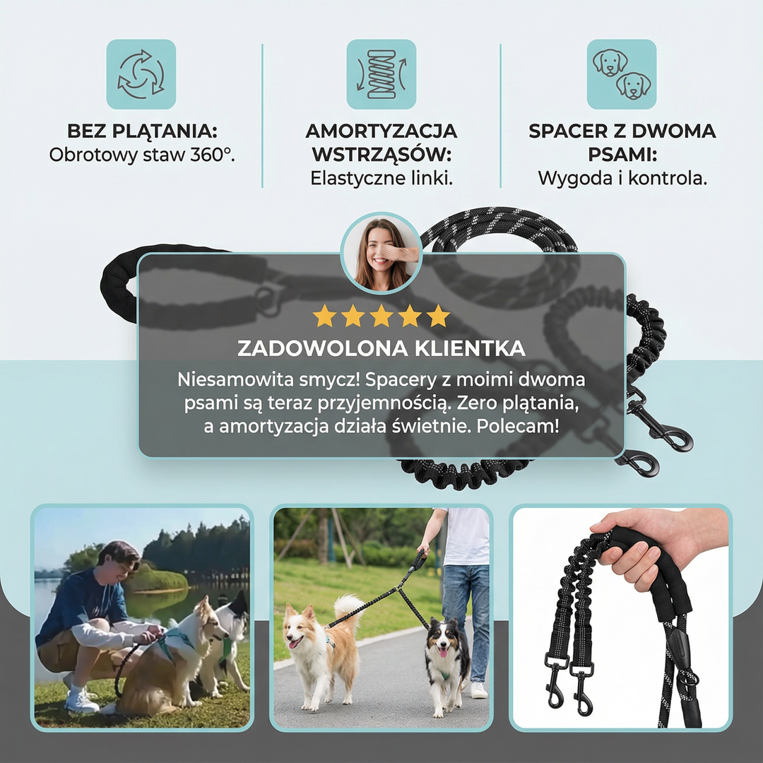 2-w-1 Podwójna smycz dla psa z obrotowym stawem 360° – Bez plątania i amortyzująca wstrząsy