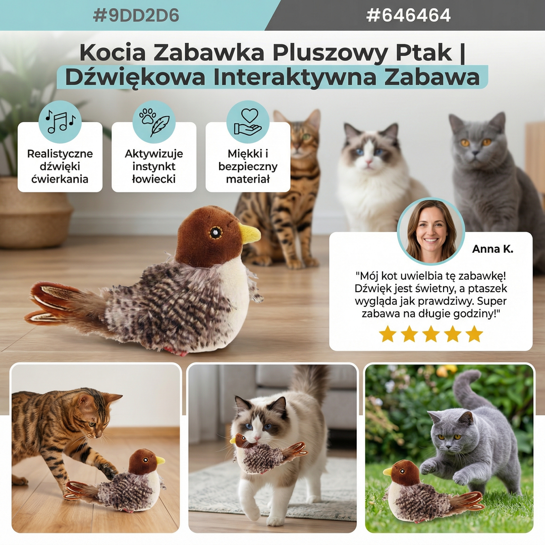 Kocia Zabawka Pluszowy Ptak ⎜ Dźwiękowa Interaktywna Zabawa