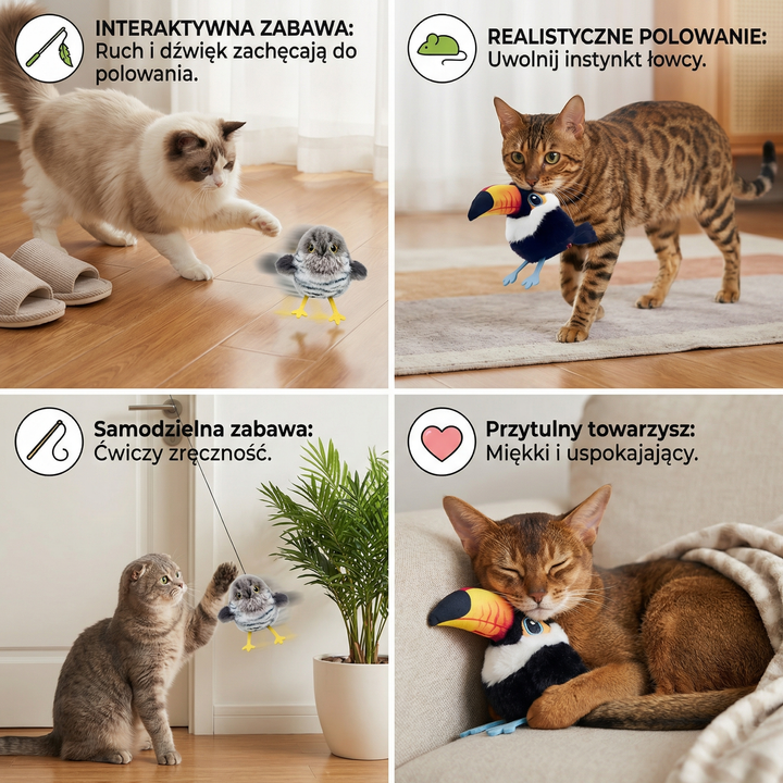 Latająca i ćwierkająca ptasia zabawka dla kota
