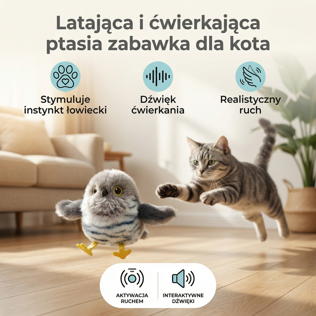 Latająca i ćwierkająca ptasia zabawka dla kota