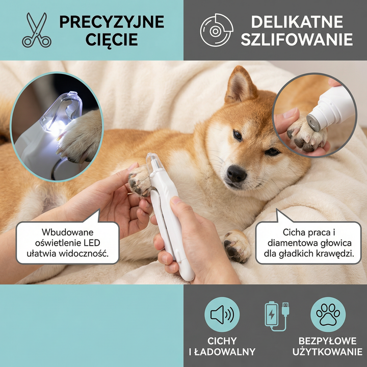 2w1 Cichy obcinacz i szlifierka do pazurów dla psów – cichy, ładowalny i delikatny