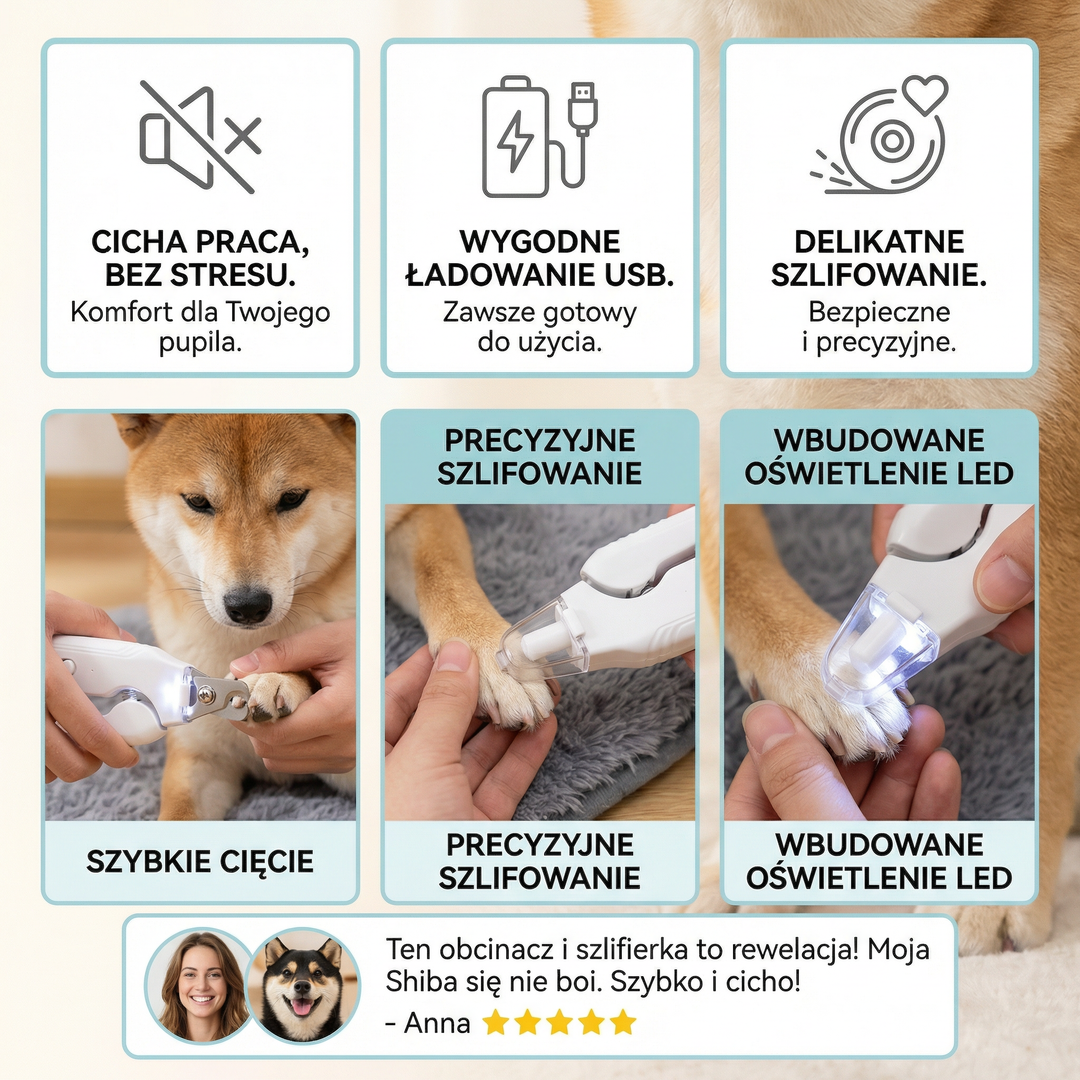 2w1 Cichy obcinacz i szlifierka do pazurów dla psów – cichy, ładowalny i delikatny